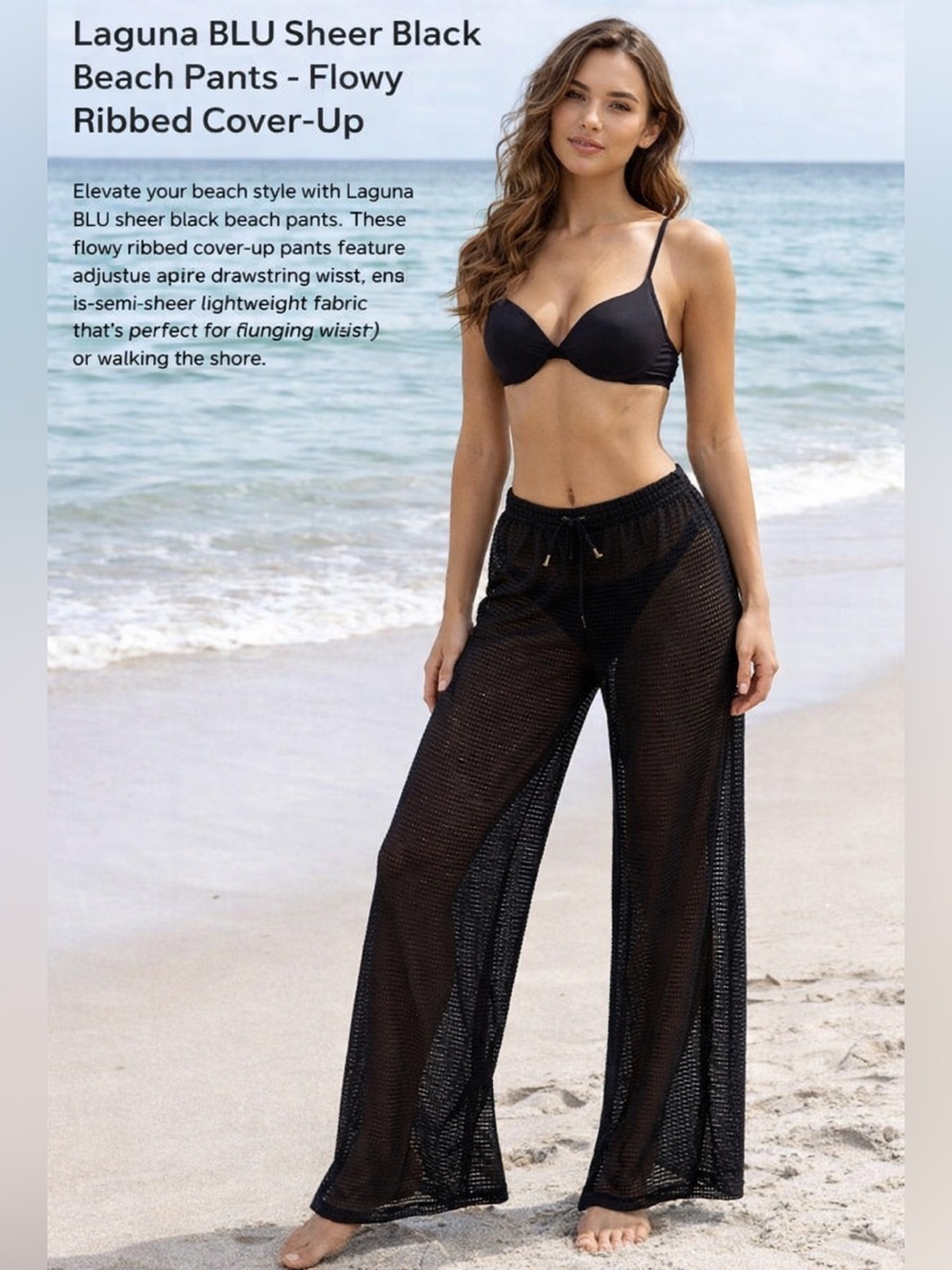 Laguna BLU Black Ribbed Mesh Beach Pants Cover Up Drawstring Size M
